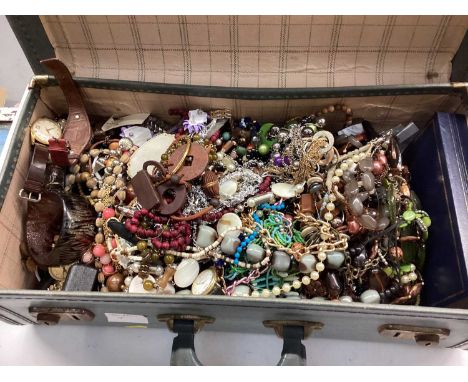Vintage suitcase containing quantity of costume jewellery, wristwatches etc