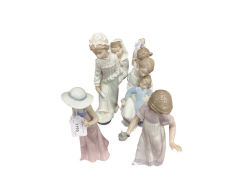 Seven Nao porcelain figures including girl with dog and girl with chamberstick