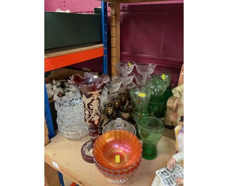 Bohemian ruby glass vase, with gilded foliate decoration; Eight Darlington sundae dishes, lemonade glasses, Carnival glass an