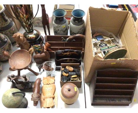 Large silver plated trophy, pair of cloisonné vases, ostrich egg pot with wooden cover and stand, other treen items, vintage 