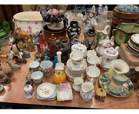 Group of ceramics to include Royal Albert teapot, Chinese soapstone figure, enamel beaker, crocus pattern vase and other item