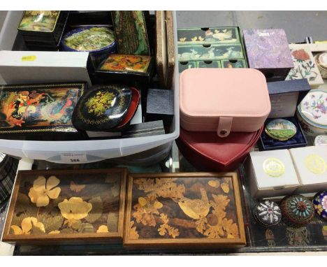 Collection of jewellery and trinket boxes, two David Owen marquetry wooden boxes, cloisonné, enamel, ceramic and other boxes