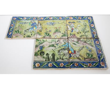 FIVE LARGE INDO-PERSIAN CERAMIC TILES
all in green and blue tones, depicting riders, each approximately 26cm x 26cm
