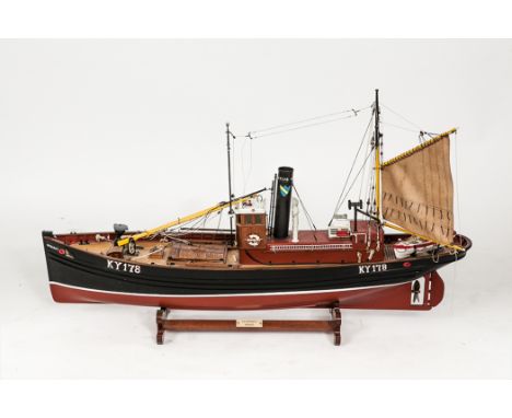 LIVE STEAM SCALE MODEL OF FIFE DRIFTER 'KY178 INTEGRITY'
on a mahogany stand, 108cm long
