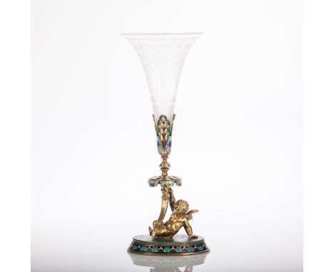 FRENCH CHAMPLEVE ENAMEL AND GILT METAL EPERGNE
on oval base with champleve enamel foliate design against a turquoise ground, 