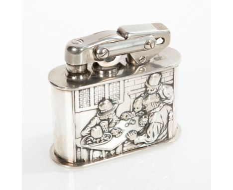 20TH CENTURY WHITE METAL TABLE LIGHTER
worked in relief depicting a genre tavern scene, initialled 'K.W' to the base, 7.5cm h