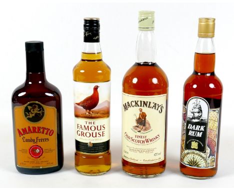 A group of alcohol, comprising a bottle of Mackinlays Finest Old Scotch Whisky, a bottle of The Famous Grouse Scotch Whisky, 