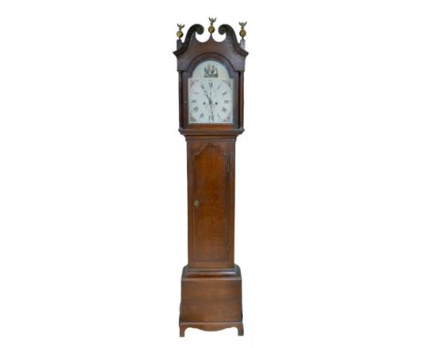 A 19th century oak long case clock, signed I. Reynolds of Potton, twin train movement with painted Roman numeral dial, plain 