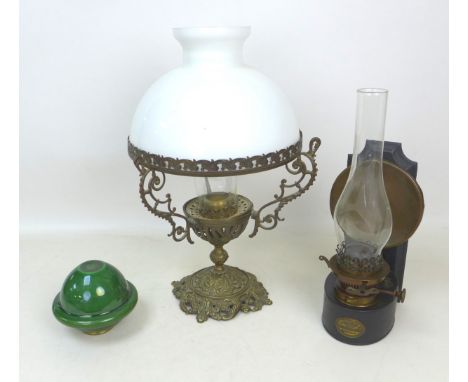 A J. Hinks & Son wall mounting paraffin lamp, with glass chimney, together with a table top paraffin lamp with green glass re