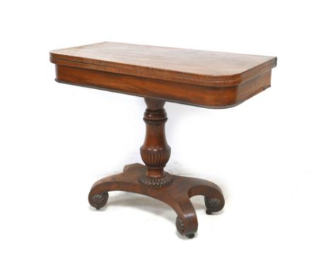 A 19th century mahogany card table, with blue baize, raised upon a single baluster form column and a quadriform base, a/f los