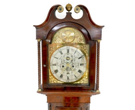 A 19th century mahogany long case clock, the silvered dial with black Roman and Arabic numerals, engraved decoration, two tra