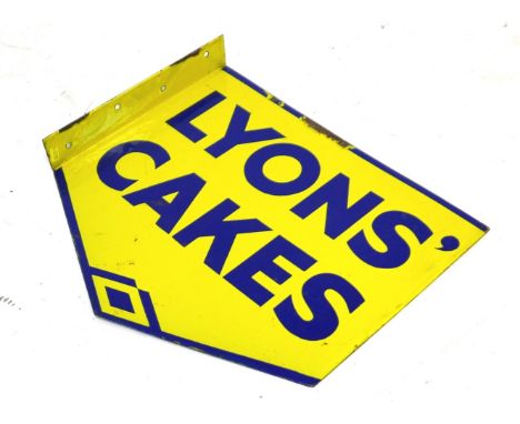 An early 20th century Lyons Cakes enamel advertising sign, double sided with hanging bracket, rectangular with triangular low