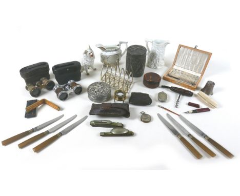 A collection of mixed collectables, including two pairs of opera glasses, a cased set of nutcracker tools, a seven-bar concer