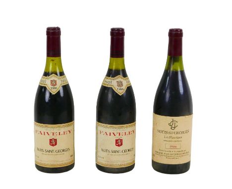 Vintage wine: three bottles of Nuits-Saint-Georges wine, comprising a bottle of Les Fleurieres Domaine Jean-Jacques Confuron 