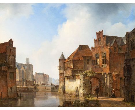 Kasparus Karsen (1810-1896), A capriccio of a German city by the water, oil on canvas, 59x74 cm, Exhibited:-The Hague, Kunsth