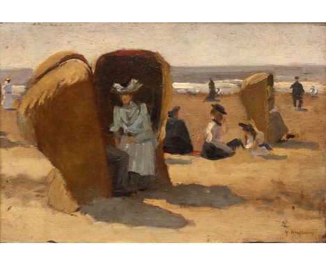 Floris Arntzenius (1864-1925), Elegant ladies and children on the beach of Scheveningen, oil on panel, 22,5x34 cm, signed 'Fl