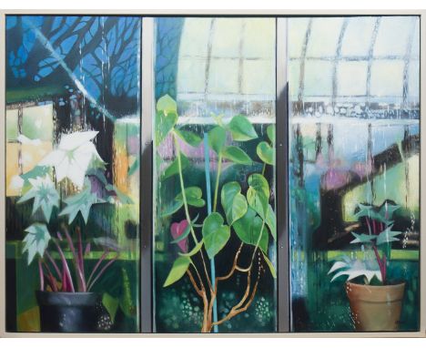 * LESLEY BANKS,PALM HOUSE TRIOoil on canvas, signed, dated verso 201476cm x 102cmFramed.Titled on label verso.Note: Born in 1