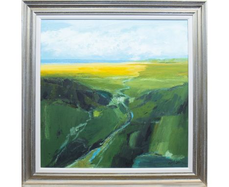 * JOHN NELSON (SCOTTISH 1933 - 2013), MEANDER acrylic on canvas, signed 76cm x 76cm Framed Note: John Nelson was born in Scot