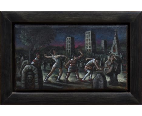 * PETER HOWSON OBE,HELLCATS (1996)oil on canvas, signed17.5cm x 30.5cmFramedLabel verso: Flowers East Gallery, 199/205 Richmo