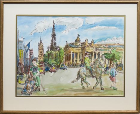 * LADY LUCINDA L MACKAY (1941 - ),HORSE PASSING THE ROYAL SCOTTISH ACADEMYwatercolour and ink, signed and dated '9445cm x 60c