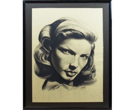 * STEVE KAUFMAN (AMERICAN 1960 - 2010),LAUREN BACALLcharcoal on yellow paper, signed and dated '9390cm x 67cmMounted, framed 