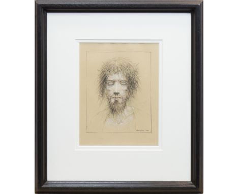 * PETER HOWSON OBE,DEVOTIONmixed media on paper, signed and dated 201128.5cm x 22cmMounted, framed and under glass