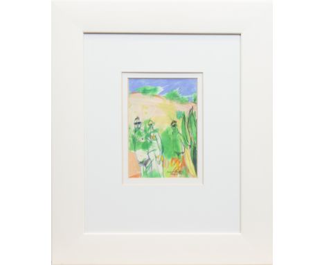 * ROSEMARY BEATON,THE HOLIDAY MAKERSmixed media, signed and dated '9621.5cm x 14.5cmMounted, framed and under glassLabel vers