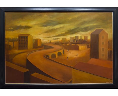 * MARTIN KANE, THE QUIET CITYoil on canvas, signed, further signed, titled and dated 2003 verso120cm x 180cmFramed Note: A la