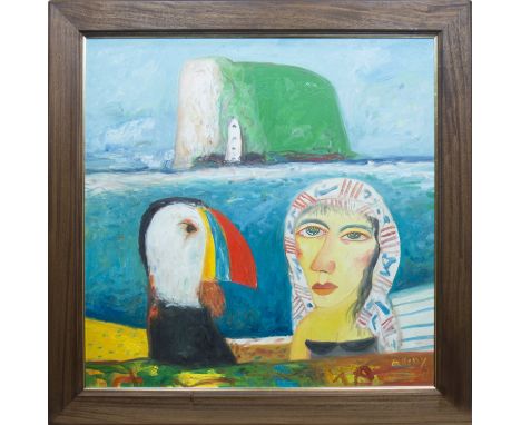 * JOHN BELLANY CBE RA HRSA (SCOTTISH 1942 - 2013),FISHERWOMAN, PUFFIN & BASS ROCKoil on canvas, signed91cm x 91cmFramed.Note: