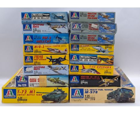 Italeri a boxed 1:72/1:35 scale group of military vehicles/aircraft model kits (see photo for set names). Conditions appear f