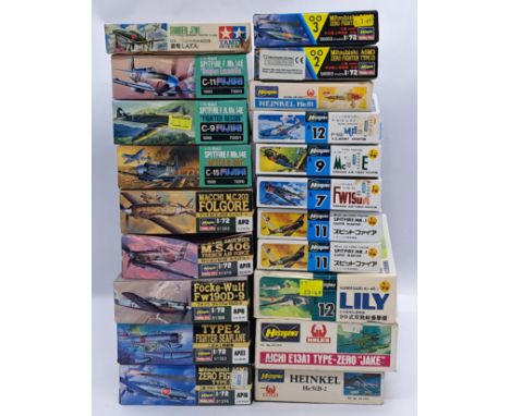 Hasagawa, Fujimi, Tamiya a boxed 1:72 scale group of military aircraft model kits, to include; Fujimi 72010 - Spitfire F.Mk.1
