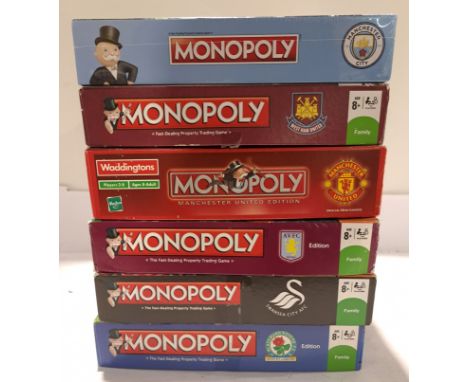Hasbro, a boxed Group of Football Themed Monopoly Sets. Includes Manchester United, Aston Villa FC with others. Although unch