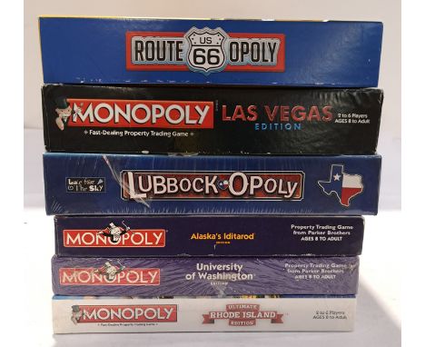 Hasbro, a boxed Group of American Themed Monopoly Sets. Included Las Vegas Edition, Ultimate Rhode Island Edition with others
