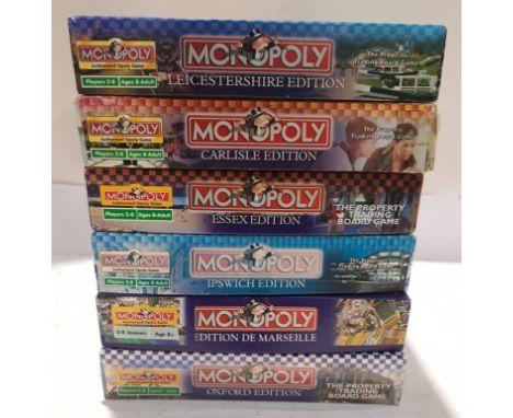 Hasbro, a boxed Group of Location Themed Monopoly Sets. Includes Oxford, Ipswich with others. Although unchecked for complete