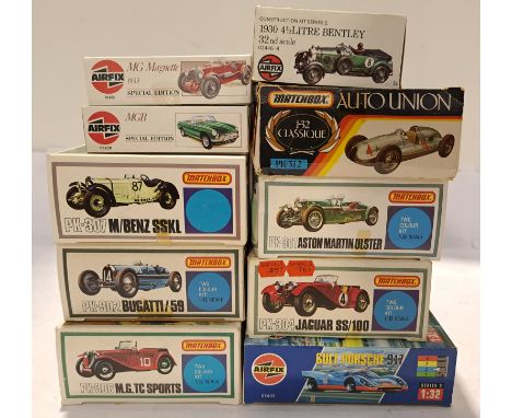 Airfix &amp; Matchbox, a boxed Group 1:32 Scale Car Model Kits. Includes "Gulf" Porsche 917 with others. Although unchecked f