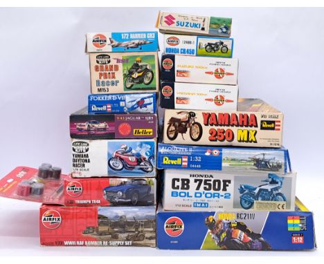 Revell, Airfix, Heller and similar a boxed mixed scale model kit group, comprising of; military aircrafts, motorbikes, high p