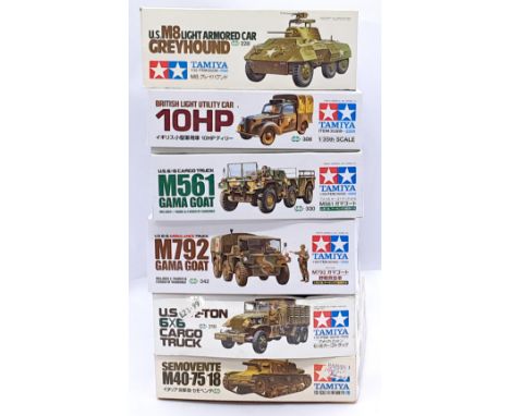 Tamiya a boxed 1:35 scale group of military vehicle model kits, to include; No.228 - U.S.M8 Light Armored Car Greyhound, as w