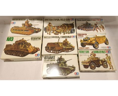 Tamiya, a boxed Group of 1:35 Scale Military Model Kits. Includes Kubelwagen Type 82 with others. Although unchecked for comp