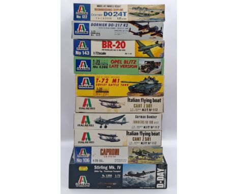 Italaeri a boxed 1:72/1:35 scale group of military vehicle/aircraft model kits to include; No.251 - T-72 M1 Soviet Battle Tan