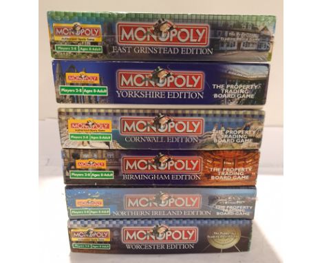 Hasbro, a boxed Group of Location Themed Monopoly Sets. Includes Cornwall, Yorkshire with others. Although unchecked for comp