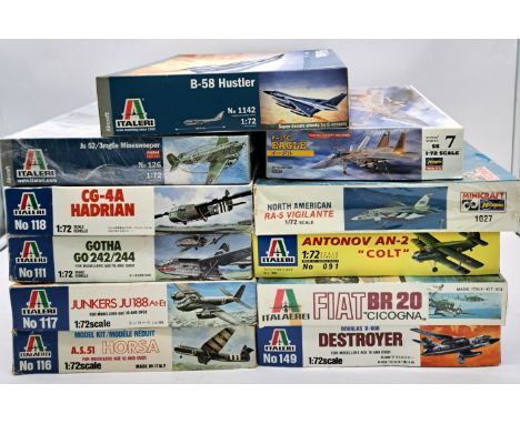Italeri &amp; Hasegawa, a boxed mainly 1:72 scale plastic kit group comprising of military aircraft to include Italeri 117 Ju