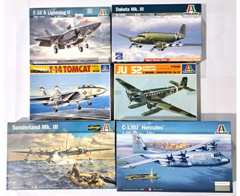 Italeri, a boxed 1:72 scale military plastic aircraft kit group to include 1255 C-130J Hercules, 156 F-14 Grumman Tomcat and 