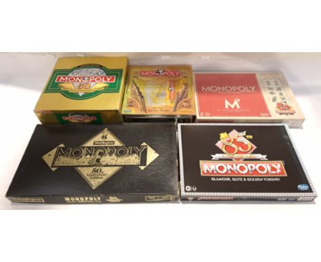 Hasbro, a boxed Group of Monopoly Anniversary Edition Sets. Includes 50th, 60th, 70th, 80th &amp; 85th. Although unchecked fo