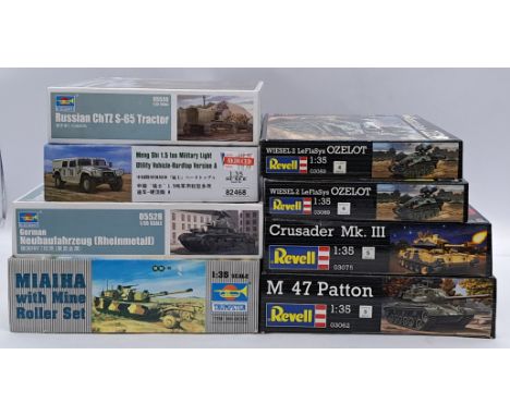 Trumpeter, Hobby Boss, Revell a boxed 1:35 scale military vehicle group to include; Trumpeter MM-00336 - M1A1HA with mine rol