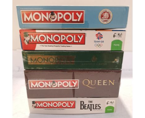 Hasbro, a boxed Group of UK Themed Monopoly Sets. Includes Queen, The Beatles with others. Although unchecked for completenes