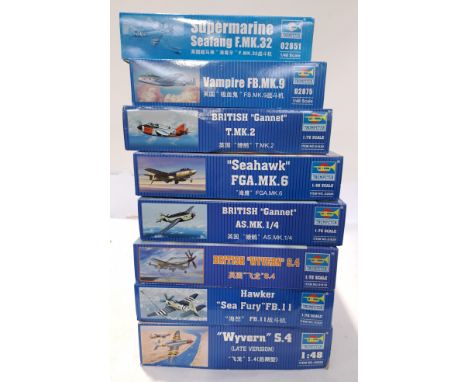 Trumpeter, a boxed Group of 1:48 &amp; 1:72 Scale Military Aeroplane Model Kits. Includes Vampire FB.MK.9 with others. Althou