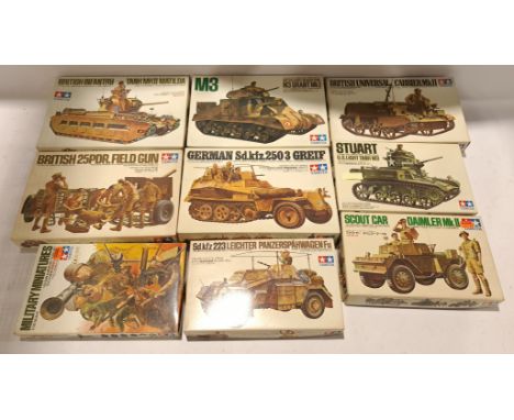 Tamiya, a boxed Group of 1:35 Scale Military Model Kits. Includes Scout Car Daimler MKII with others. Although unchecked for 