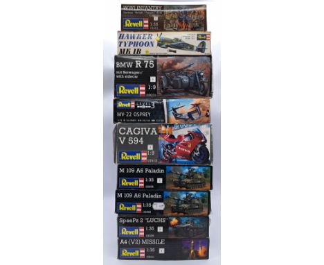 Revell a boxed mixed scale group of military related and other model kits to include; H-266 - Hawker Typhoon MK 1B as well as