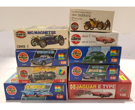 Airfix, a boxed Group of 1:32 &amp; 1:43 Scale Car Model Kits. Includes Jaguar E-Type with others. Although unchecked for com