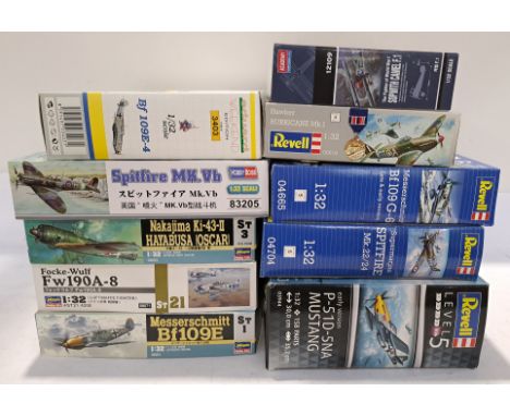 Revell, Hasegawa &amp; Similar, a boxed Group of 1:32 Scale Military Aeroplane Model Kits. Includes P-51D-5NA Mustang with ot